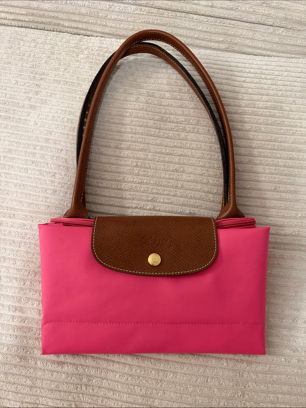 Large Longchamp Pink Shoulder Bag with Brown Trim